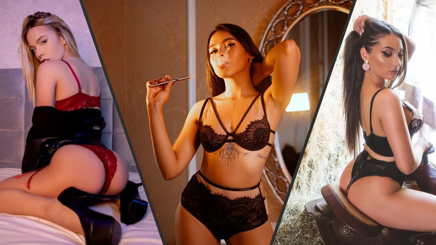 Composition of three erotic camgirls in lingerie featuring sloppydeep's sensual category banner